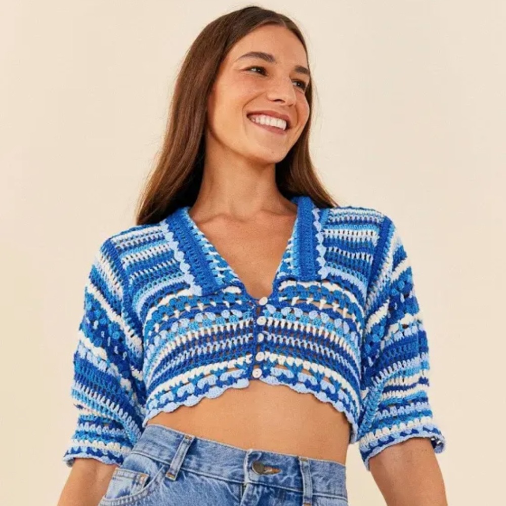 Farm Rio Multi Stitches Crochet Collar Blouse